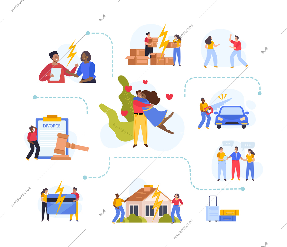 Property division flat composition with couple in love and spouses dividing possessions during divorce vector illustration