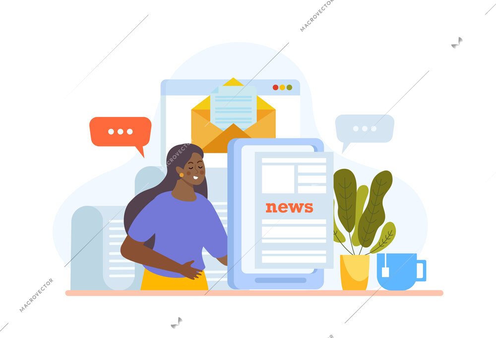 Woman reading recent news online on internet flat composition vector illustration