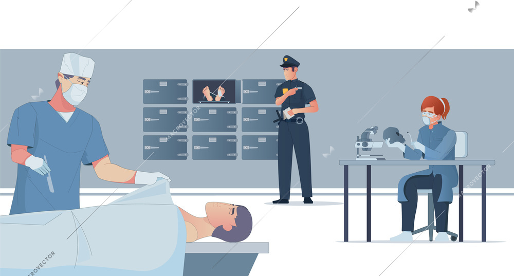 Morgue flat illustration with forensic pathologist performing autopsy and police officer waiting for result vector illustration