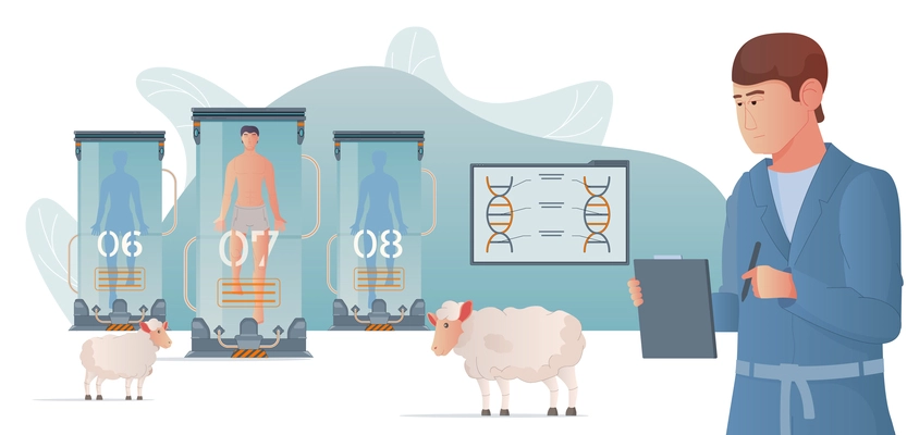 Cloning genetics flat composition of doodle scientist sheep and chambers containing numbered floating cloned human bodies vector illustration