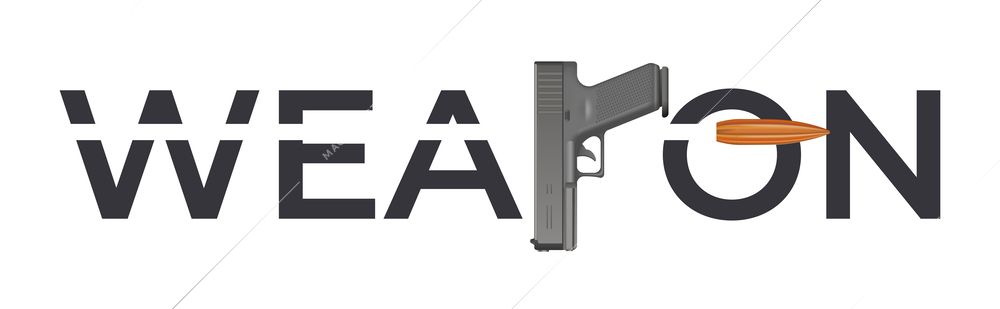 Weapon war composition of flat text hit by flying bullet with realistic image of pistol gun vector illustration