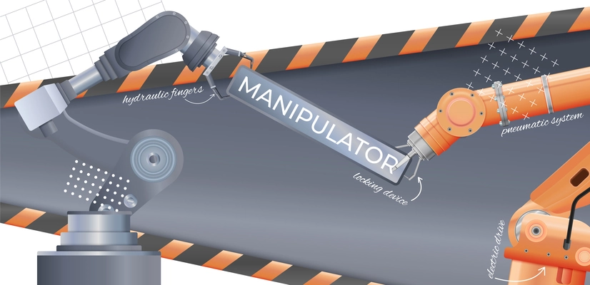 Robot manipulator arm composition with collage of realistic icons images of industrial robotic arms and text vector illustration