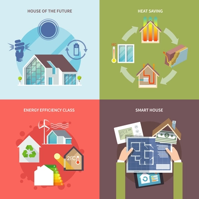 Energy saving house design concept set flat icons isolated vector illustration