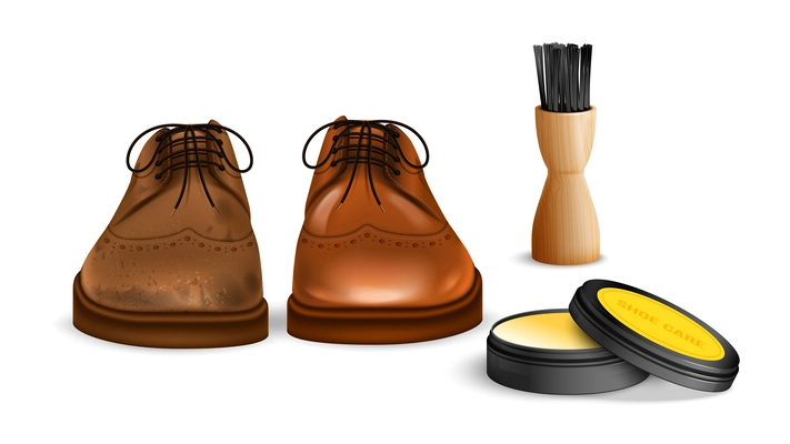 Realistic boots polishing set with shoe wax style symbols isolated vector illustration