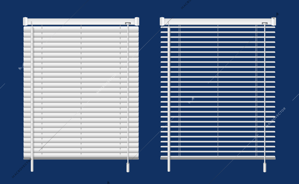 Realistic window blinds set with isolated front views of drawn and half open hanging white blinds vector illustration