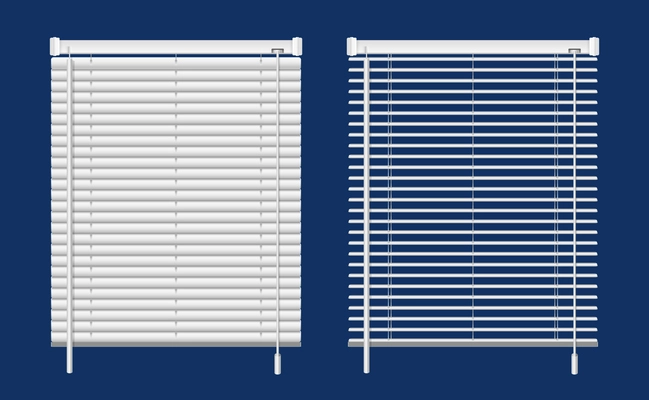 Realistic window blinds set with isolated front views of drawn and half open hanging white blinds vector illustration