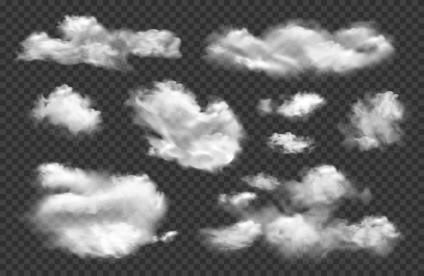 Realistic cloud sky set of isolated white clouds with various shape and size on transparent background vector illustration