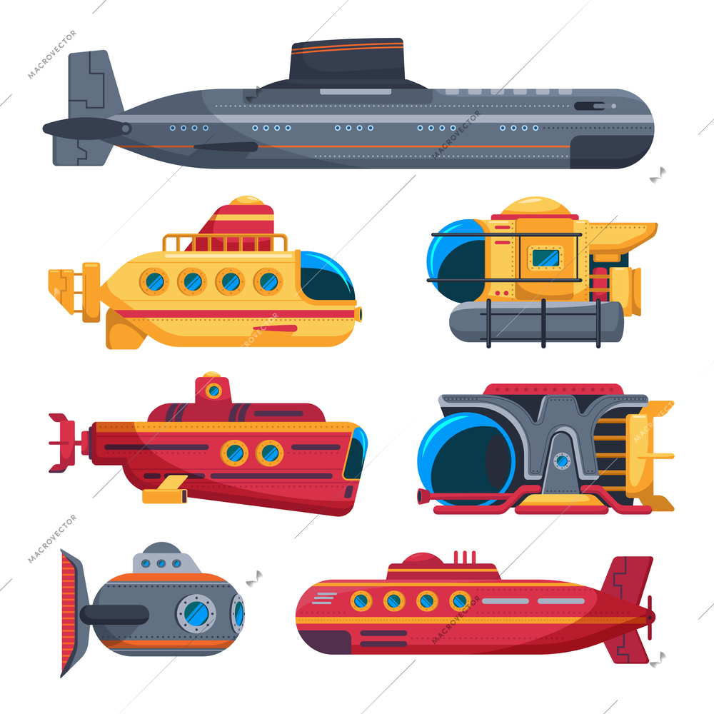 Submarine icons set with underwater symbols  realistic isolated vector illustration