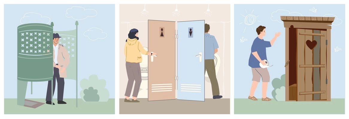 Public toilet flat square illustrations of different types of cabins including rustic toilet and open air urinals isolated vector illustration