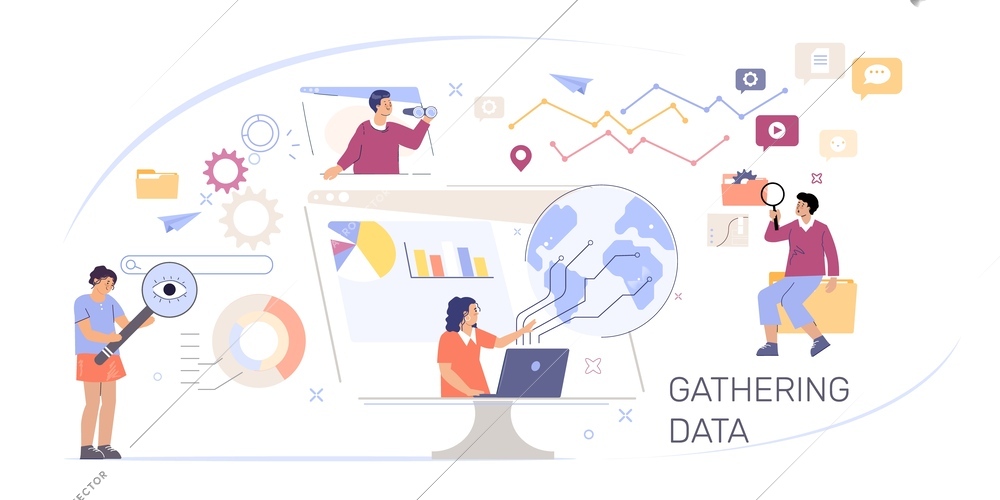 Gathering data flat composition with team of business partners statistics graphs and diagrams of company vector illustration