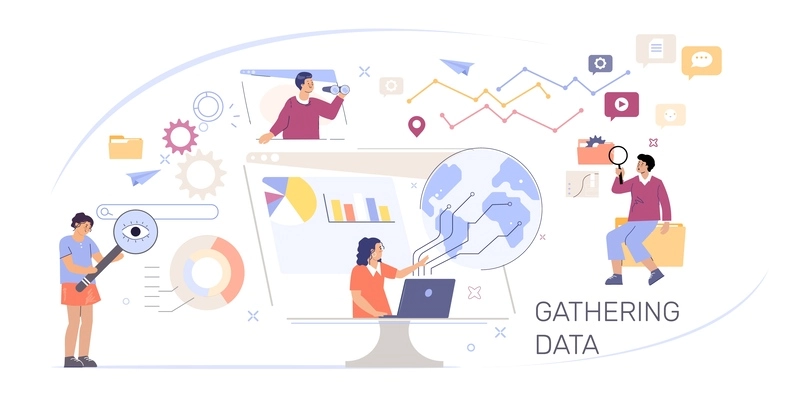 Gathering data flat composition with team of business partners statistics graphs and diagrams of company vector illustration