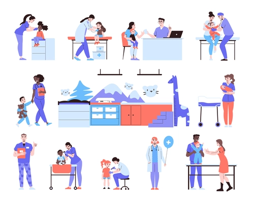 Flat color set of male and female pediatricians and kids in pediatric room isolated vector illustration