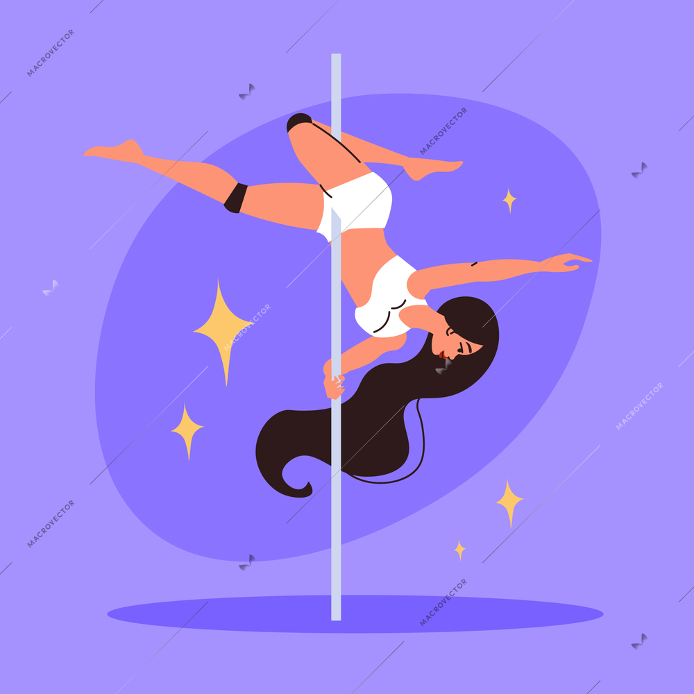 Pole dancer with long black hair performing on color background flat vector illustration