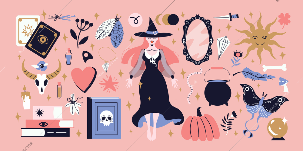 Big flat set of various magical and occult objects and young witch wearing black dress and hat on pink background isolated vector illustration