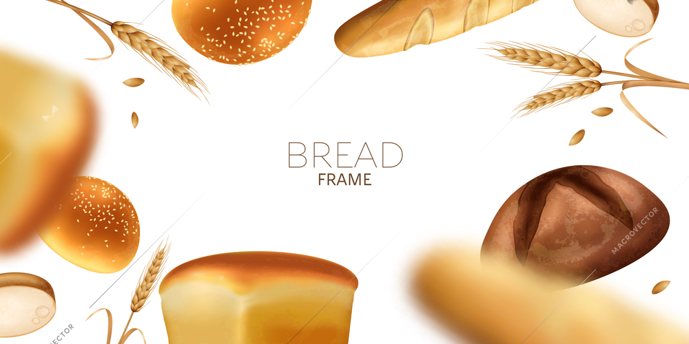 Bakery horizontal frame with fresh bread wheat ears and blurred elements on white background realistic vector illustration