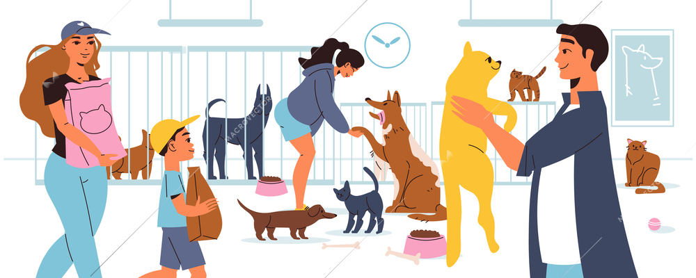 Volunteers visiting pet shelter feeding and playing with cats and dogs flat vector illustration