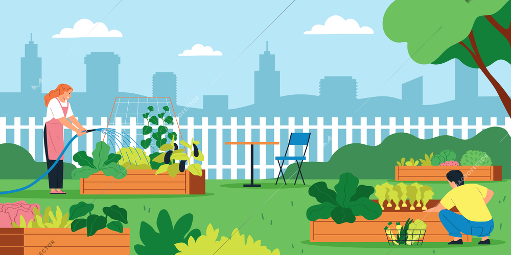 Community garden flat composition with male and female characters engaged in landscaping of recreation area against skyscrapers backdrop vector illustration