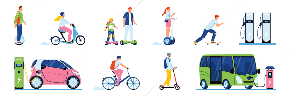 Eco transport flat set with any age people riding on bicycle gyro scooter segway skateboard isolated vector illustration