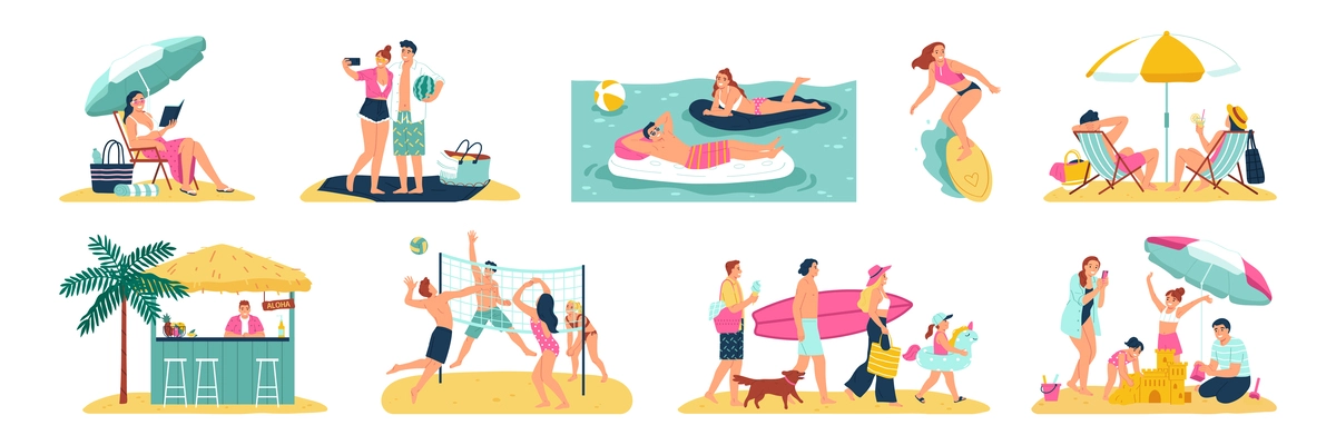 Summer vacation  flat set of people resting sunbathing swimming relaxing on sandy beach isolated vector illustration