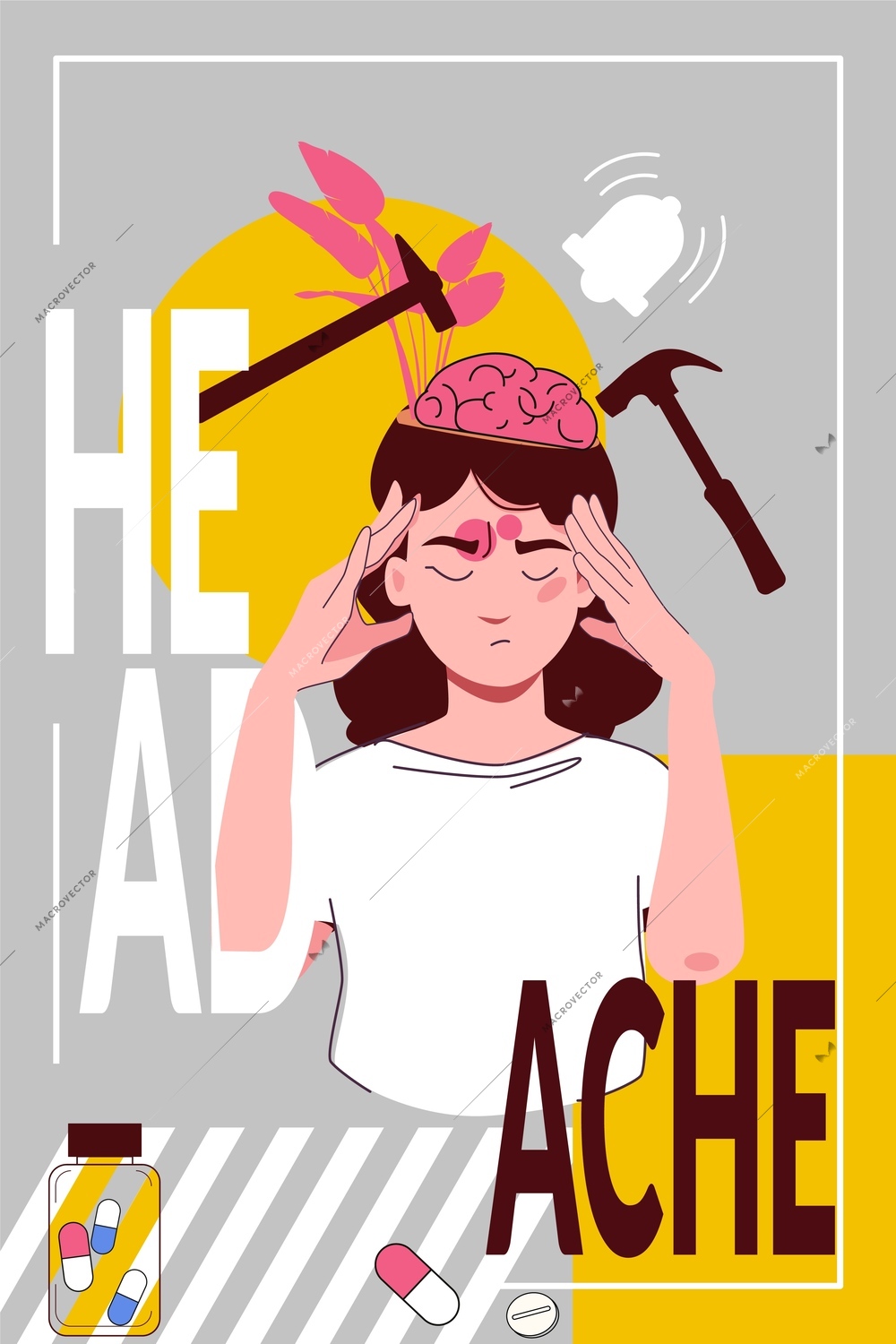 Headache pain composition with collage of flat icons with human head hammers bell pills and text vector illustration