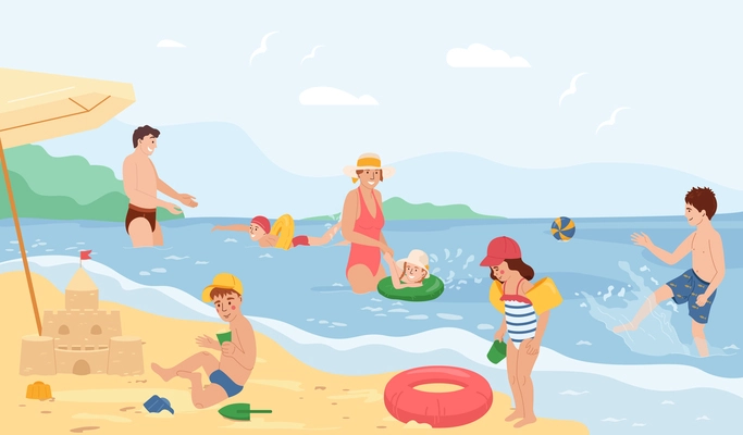 Kids safety in water flat composition with children swimming using inflatable tools under parents supervision vector illustration