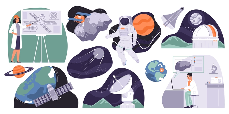 Space industry set of satellites and scientists flat isolated vector illustration