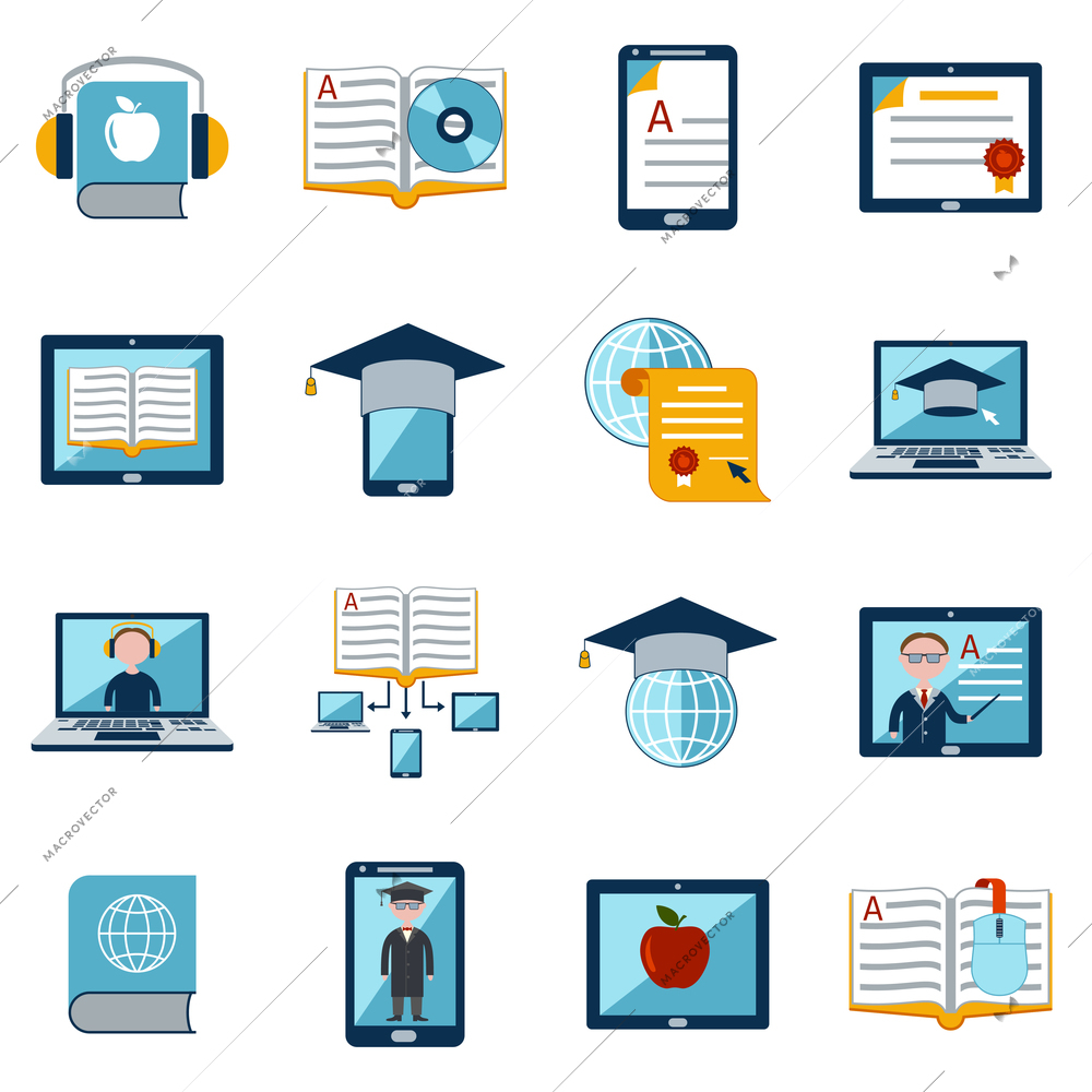 E-learning internet education web tutorial digital school icons set isolated vector illustration