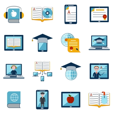 E-learning internet education web tutorial digital school icons set isolated vector illustration