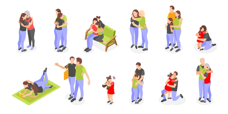 Hug day isometric icons set with friends lovers family members hugging each other isolated vector illustration