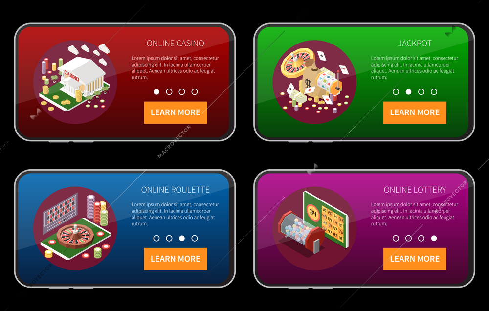 Online lottery gambling casino set of horizontal banners with isometric images learn more buttons and text vector illustration