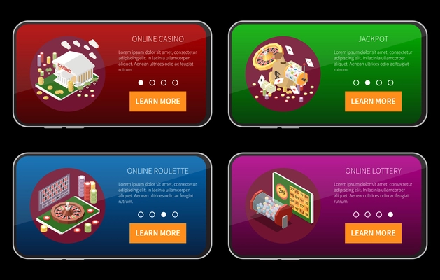 Online lottery gambling casino set of horizontal banners with isometric images learn more buttons and text vector illustration