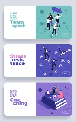 Three horizontal isometric soft skills teamwork stress resistance coaching banners set with qr code and more button isolated vector illustration