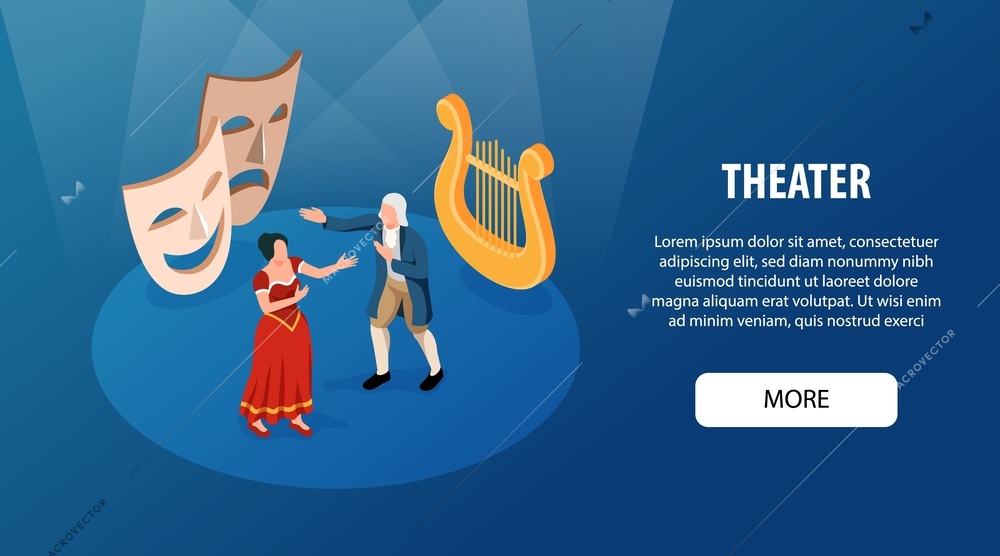 Theater horizontal banner with male and female  musical actors performing opera aria isometric vector illustration