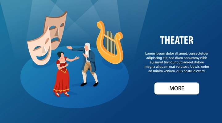Theater horizontal banner with male and female  musical actors performing opera aria isometric vector illustration