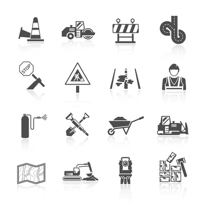 Road worker transport industry black icon set isolated vector illustration