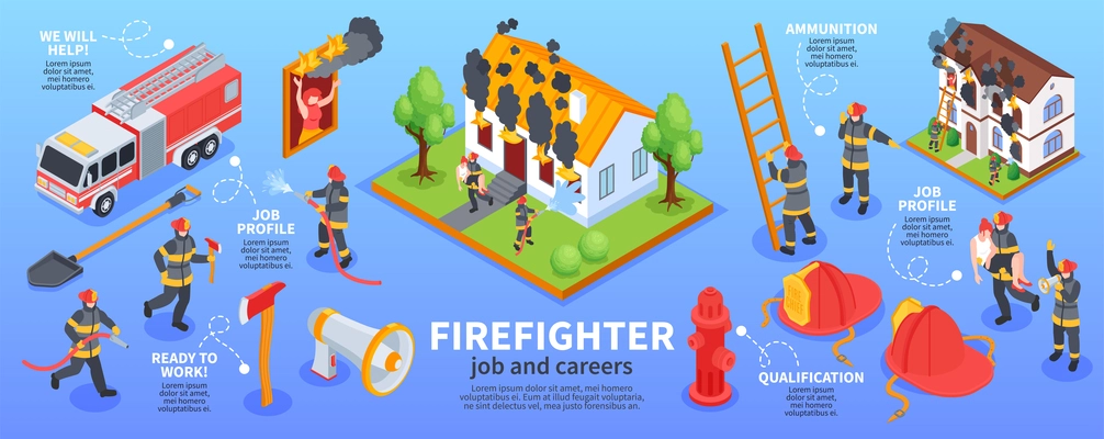 Isometric firefighter infographics with fireman career images icons of ammunition equipment and truck with text captions vector illustration