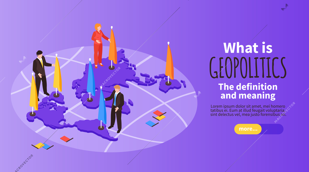 Isometric geopolitics horizontal banner with editable text slider more button and conceptual image of world politics vector illustration