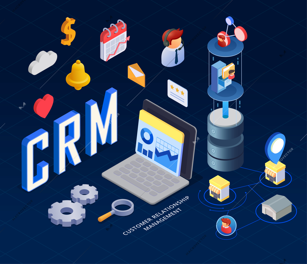 CRM isometric concept with notebook and customer management symbols vector illustration