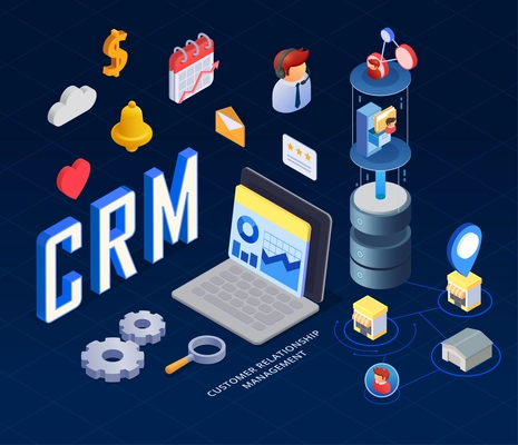 CRM isometric concept with notebook and customer management symbols vector illustration