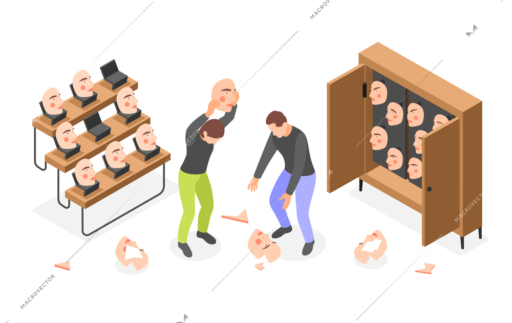 People breaking social masks to stop hiding personality and real emotions on society isometric composition vector illustration