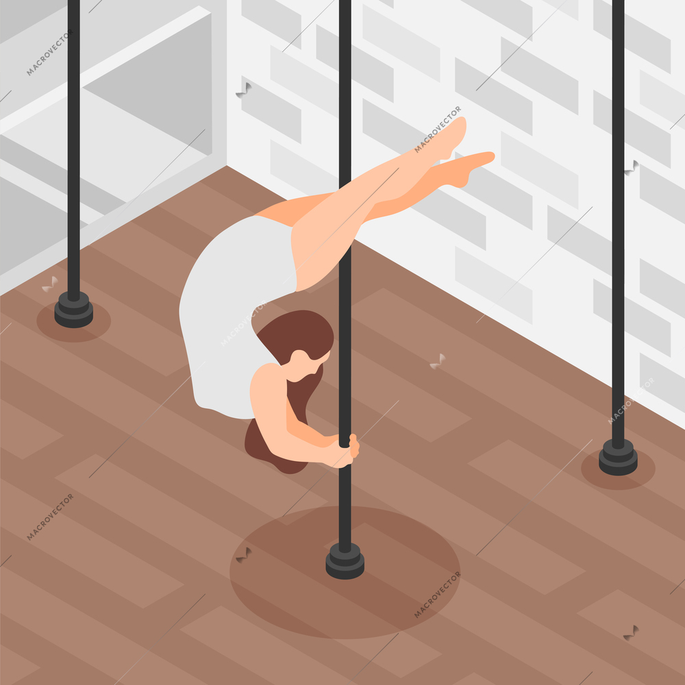 Young woman pole dancing at studio isometric background vector illustration