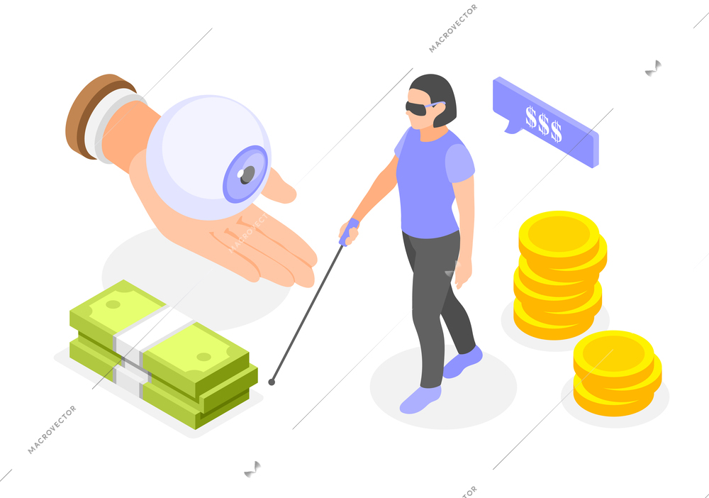 Social insurance financial support of disabled people isometric composition with blind woman and eye prosthesis 3d vector illustration