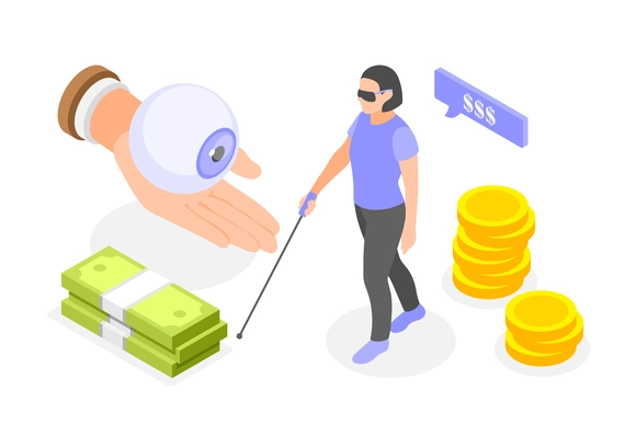 Social insurance financial support of disabled people isometric composition with blind woman and eye prosthesis 3d vector illustration