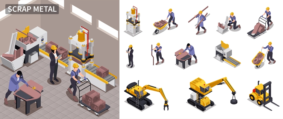 Scrap metal composition with forklift and loader symbols isometric isolated vector illustration