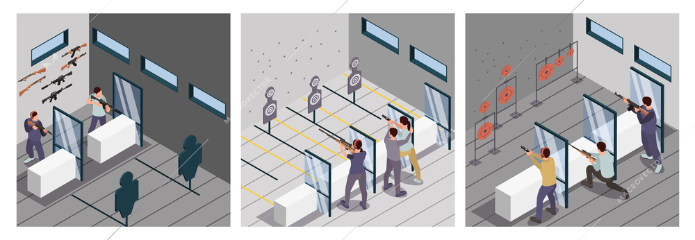 Shooting range set with firearm club symbols isometric isolated vector illustration