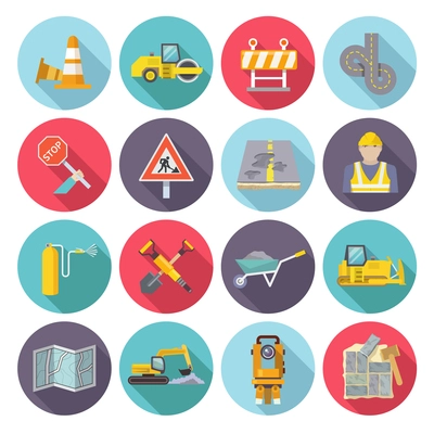 Road worker flat icons set with street repairing tools and warning signs isolated vector illustration