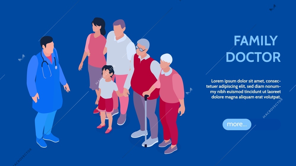 Isometric family doctor banner with faceless human characters of physician family members with text and button vector illustration