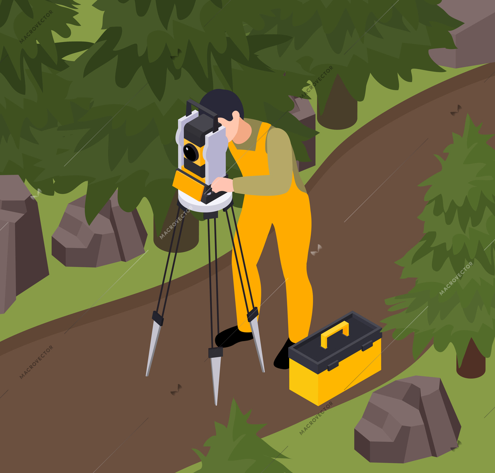 Earth sciences geology petrology seismology volcanology isometric composition of man with theodolite tripod performing transit survey vector illustration
