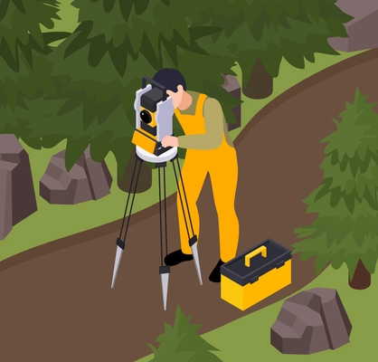 Earth sciences geology petrology seismology volcanology isometric composition of man with theodolite tripod performing transit survey vector illustration