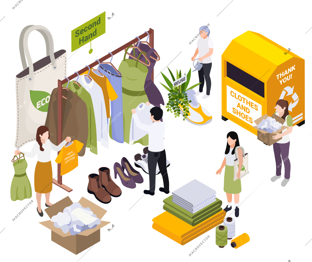 Sustainable clothes slow fashion isometric composition with isolated view of second hand market with used outfits vector illustration